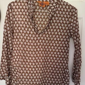 Tory Burch Palm Print Blouse in Brown and White